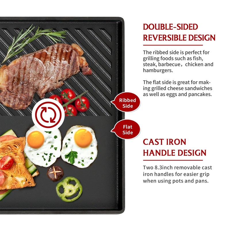 BIG HORN OUTDOORS Cast Iron Griddle Reversible Square Griddle Flat