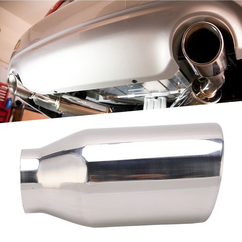 Single Outlet Exhaust Tip Silver Stainless Steel Beveled Mouth Straight