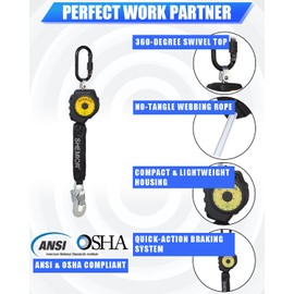 6FT Self Retracting Lifeline, Swivel Top Lightweight Housing Shemior Web SRL ANSI Self Retractable Safety Lanyard, Fall Arrest Protection Gear for Roofing Construction,Snap Hook