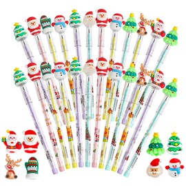 KIMOBER 24PCS Christmas Pencils,Xmas Multi Point Stackable Push Pencil with Santa Christmas Tree Snowman Elk for Kids Christmas Goodie Bag Fillers