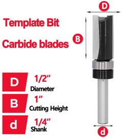 Flush Trim Router Bit 1/4 Inch Shank, 1/2" Cut Dia, 1" Cutting Length, Pattern Top Bearing Template Flush Straight Cut Trim Router Bit, for Woodworking Trimming