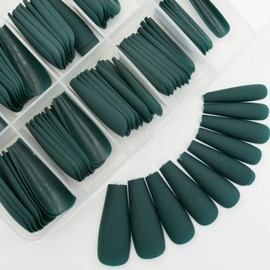 LoveOurHome 100pc Coffin Press on Nails Long Fake Nails Matte Full Cover False Nails Press ons Artificial Nail Medium Ballerina Fake Fingernail Green Presson on Nail Tips for Women Kids Girls