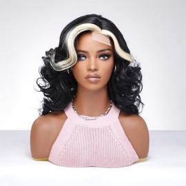 INSGOGO Short Wigs for Black Women Water Deep Wave bob Curly Black Wig Pre Plucked Natural Like Synthetic Fiber Wigs for Daily and party Use and Cosplay (Black&White)