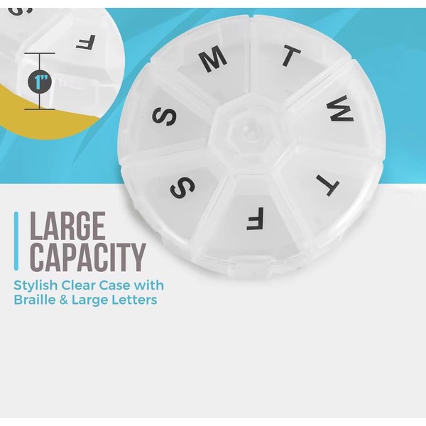 Large Capacity Weekly Pill Organizer, Clear Case with Braille and