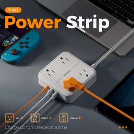 Flat Plug Extension Cord Indoor 5 Feet, Power Bars with Surge Protector, TESSAN Power Strip with 4 Multiple Outlets 3 USB Ports (1 USB C), Surge Protection for Dorm Room Home Office, White