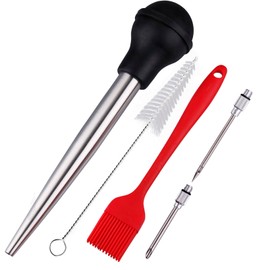 Kalsreui Turkey Baster, 18/8 Stainless Steel Turkey Baster Syringe for Cooking, Meat Injector Baster Set with 2 Needles & 2 Cleaning Basting Brush, Baster for Flavor Meat Poultry, Beef&Chicken Black