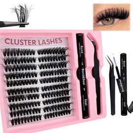 200 Pieces DIY Eyelash Extensions Set, 8-16 mm, Mixed Fluffy Eyelashes, Individual False Eyelash Clusters with Eyelash Glue and Tweezers for Beginners, Reusable Eyelash Clusters (5K)