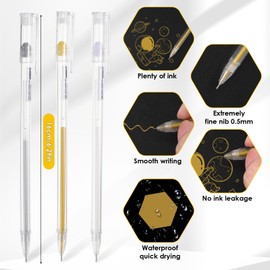 18PCS White Gel Pen Set White Pen for Black Paper, Gold Pen White Pen Silver Pen, 0.5mm Fine Gold Pen White Gel Pens for Art Gold Gel Pen, White Fineliner Pen Gelly Roll Pens for Drawing Taking Note