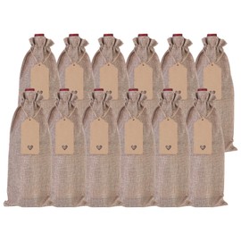 uxcell 12pcs Burlap Wine Bags, Reusable Wine Gift Pouches with Drawstrings Tags and Ropes for Weddings, Birthdays, Christmas, Parties, Home Storage (Brown)
