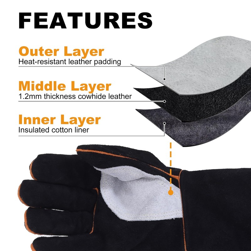 TOPDC Fireplace Gloves 14 Inches Welding Gloves Fire/Heat Resistant Leather