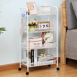 TOOLF 4-Tier Rolling Cart, Metal Utility Cart with 3 Hooks, Easy Assemble Mobile Storage Trolley On Wheels, Metal Shelving Units Kitchen Bathroom Laundry Room