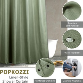 Popkozzi Sage Green Fabric Shower Curtain: Linen Textured Water Repellent Washable Light-Weight Polyester Shower Curtains for Bathroom - Solid Simple Elegant Decorative Bath Curtain Liner - 72x72
