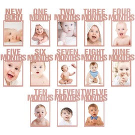 First Birthday Photo Banner Girl Boy1st Birthday Photo Banner Baby Growth Record 1-12 Month Pictures Monthly Milestone Letters Photograph Garland for Newborn Baby's Birthday Decorations (Rose Gold)