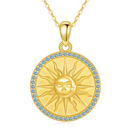 YAFEINI Sun Coin Chain for Women 925 Sterling Silver Gold Sun and Moon Pendant Necklace Sun Birthstone Jewellery Gift, Sterling Silver, Cubic Zirconia