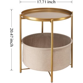 danpinera Round Side Table with Fabric Storage Basket, Metal Side Small Bedside Table Nightstand with Removable Tray Top for Living Room, Bedroom, Nursery, Bathroom, Gold
