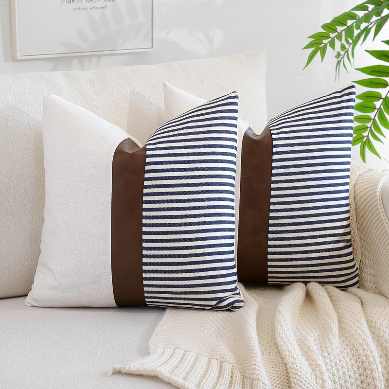 Artscope Farmhouse Decor Stripe Patchwork Linen Cushion Covers Cases Set