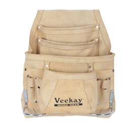 VEEKAY 10 Pocket Suede Leather Tool Pouch Leather Tool Fastener Carpenter's Nail & Tool Bag Heavy Duty Steel Hammer Loop, Belt Loop for Electrician Technician Installers Beige Color