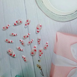 French Tip Press on Nails Pointed Medium Red Heart Fake Nails with Rhinestone Exquisite Design Glossy Full Cover Artificial False Nails with Glue on Nails Valentine's Day Acrylic Nails for Women 24PCS