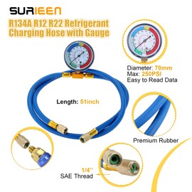 SURIEEN R134A R12 R22 Refrigerant Charging Hose with Gauge Kit, AC Recharge Hose with Gauge and BPV31 Bullet Piercing Tap Valve, R134a Can Tap Valves, R134a Quick Coupler