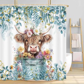 Blue Teal Shower Curtain, Boho Plant Eucalyptus Leaves Floral Funny Highland Cow Bath Curtain, Farmhouse Animals Bathroom Accessories Botanical Lavender Bathroom Curtain Set with Hooks, 72X72in