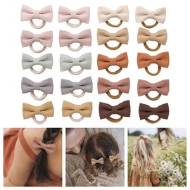 Baby Toddler Girls Hair Ties with Linen Bows, 20 pcs No Damage Elastic Nylon Ponytail Holders, Small Hair Accessories for Thick or Thin Hair