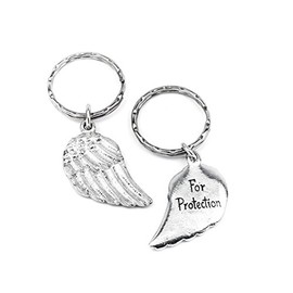 Angel Wing metal Keyring For Protection message. Handmade pewter keyring, double sided keyring with a detailed feathered effect angel wing on one side and 'For Protection' inscribed on the reverse. Sturdy keyring, handmade in the UK. Packaged in an organ