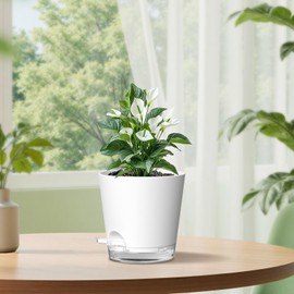 Homeuouz Set of 6 Self Watering Pots - 6 Inch Flower Pot with Watering System, Matte Self-Watering Flower Pot for Balcony & Indoor Use, White with Clear Saucer