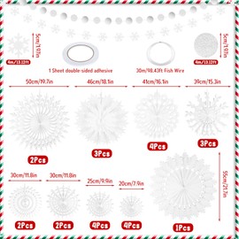 PLULON 28 Pcs Christmas White Paper Snowflake Decorations, Winter Wonderland Party Decorations Snowflake Hanging Fan Banner Decorations for Birthday Xmas Holiday Supplies