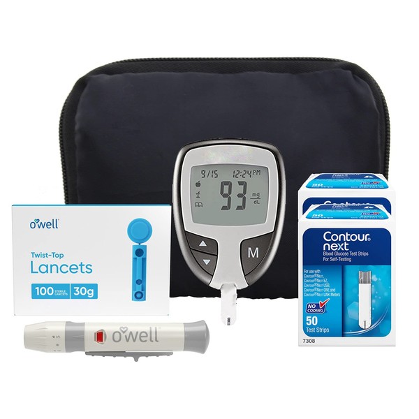 O Well Contour NEXT EZ Diabetes Testing Kit, Contour NEXT EZ Blood Glucose Meter, 100 Contour NEXT Blood Glucose Test Strips, 100 O'WELL Lancets, O'WELL Lancing Device, LogBook and Carry Case