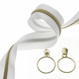 Leekayer #5 Gold Metallic Nylon Coil Zippers by The Yard Bulk 10 Yards White Zipper Tape with 25pcs Gold Ring Pull Sliders for DIY Sewing Tailor Craft Bag(White)