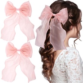 Lekgavd 2Pcs Large Hair Bow Clips, Light Pink Ribbon Hair Bows, Elegant French Silk Long Tail Bowknot Spring Snap Barrettes for Women for Wedding, Christmas, Parties