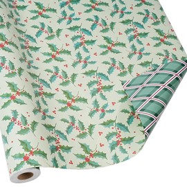 BIOBROWN Reversible Christmas Wrapping Paper - 17 Inch X 33 Feet (46.7 sq. ft. ttl.) - Vintage Holly Berry and Diamonds Plaid Design Perfect for Xmas, Party, Holiday Gift Wrap