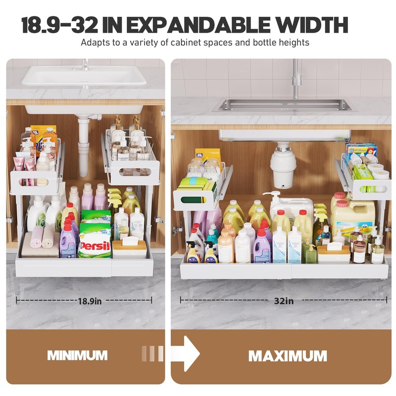 1 Pack-19"-32"W Expandable Under Sink Organizer With Upgrade Ball-Bearing Slide,2-Tier