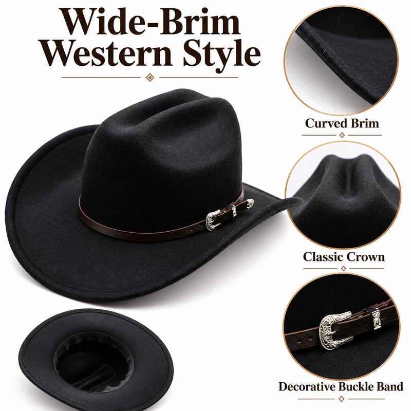 Western Cowboy Hat for Men & Women – 56–58cm Wide-Brim
