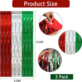 BEISHIDA 3Pcs Red Silver Green Door Streamer Christmas Day Backdrop Foil Fringe Tinsel Merry Christmas Curtains Backdrops for Christmas Day Party Decoration (3.28 ft x 6.56 ft)