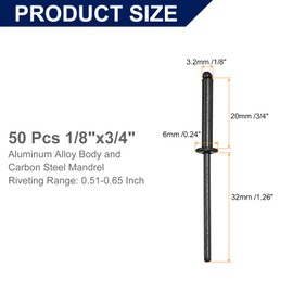 sourcing map 50Pcs 1/8"x3/4" Aluminum Blind Rivets, Aluminum Grip and Steel Mandrel, Dome Head Long Split Rivets for Metal, Furniture, Automotive, Black