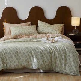 mixinni Garden Style 3 Pieces White Flower Green Leaf Print Duvet Cover Queen Natural Lyocell Champagne Bedding Set with Zipper Ties Botanical Floral Comforter Cover, Soft Comfy, Ultra-Breathable