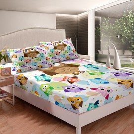 Loussiesd Children's Cute Owl Fitted Sheet Cartoon Owls Fitted Sheet 90 x 200 cm for Children Boys Girls Teenagers Decor Colourful Bird Decor Bed Sheet Set 3D Animal Printed No Flat Sheet 2 Pieces