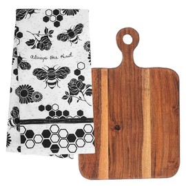 Karma, Boho Tea Towel with Acacia Wood Cutting Board, 100% Cotton Hand Towel for Kitchen – Housewarming Gift Set Boho Kitchen Home Décor, Bee