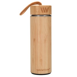 Bamboo Water Bottle with Carrying Handle, Insulated Stainless Steel Thermos, Double Wall Tumbler for Hot/Cold Tea, Coffee, and Juices, 16 oz