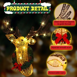 Rossesay Christmas Light up Wall Decor Deer Head, 28 Inch 3D Hanging Garland, Large Lights up Reindeer Head for Door Window Christmas Holiday Indoor Outdoor Decor, Battery Operated, 8 Modes