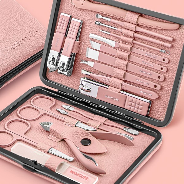 Manicure Set, Professional Pedicure Set, Nail Clippers Set, 18 Pieces Nail Care Tools, Care Kit with Luxury Upgraded Travel Case (Pink)