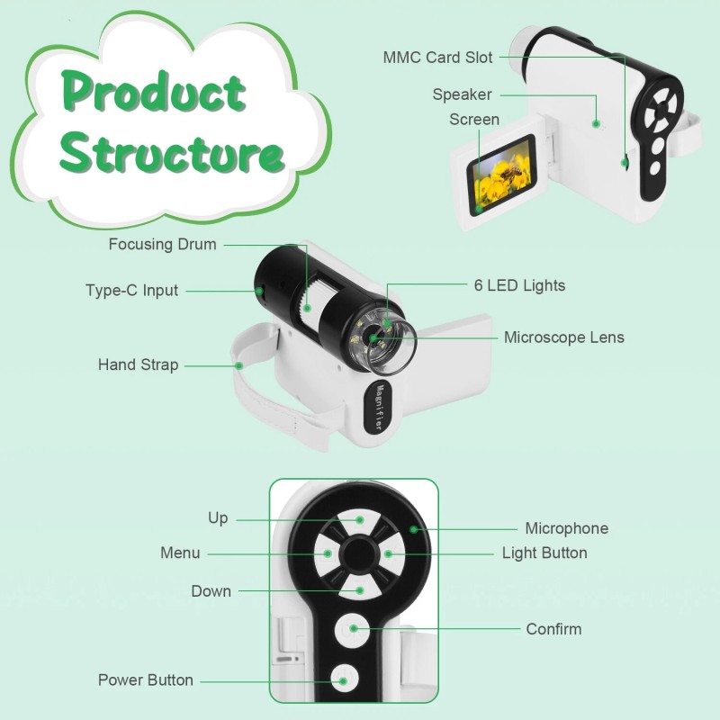 iMounTEK 4K Kids Microscope 2" IPS Screen 1000X Handheld Digital