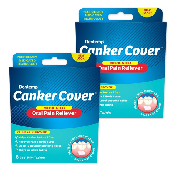 Dentemp Canker Sore Medicine 2pk Canker Cover - Oral Pain Reliever (12 Count) - Treatment to Relieve Canker Pain, Mouth Sores & Mouth Irritation - Fast Acting Canker Sore Relief Tablets for Adults