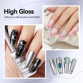 MIZHSE Metallic Silver Gel Liner Nail Art 3D Mirror Gel Paint Spider Drawing Line Polish,Glossy Painting Swirl French Nail Design Thin Brush Soak off Manicure Set for Nail Art