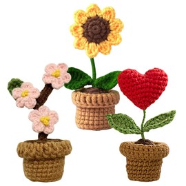 JOONOR 3PCS Mini Crochet Sunflower Potted Plant,Knitted Fake Plum Blossom for Bathroom Home Kitchen Rustic Table Centerpiece Shelf Decor