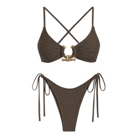 ZAFUL Bikini Swimsuit for Women Padded Ribbed Bikini Set String O Ring Cheeky High Cut Bathing Suit 2024 Deep Coffee L