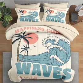 Pamnest Comforter Set King Size, Summer Beach Surf 7 Pcs Bedding for Kids and Adults, Vintage Board Palm Bed Sheet Sets with Fitted Sheet 2 Pillowcases & 2 Shams for Bedroom Bed Decor