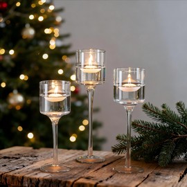 NUPTIO Tealight Candle Holders Glass: Set of 3 Long Stemmed Candle Stands for Dinner Table Centerpiece - Monet Candleholders Pillar Floating Candles