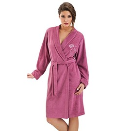 DOROTA Cuddly and modern cotton bathrobe with pockets and tie band / hood, various models, dusky pink embroidery